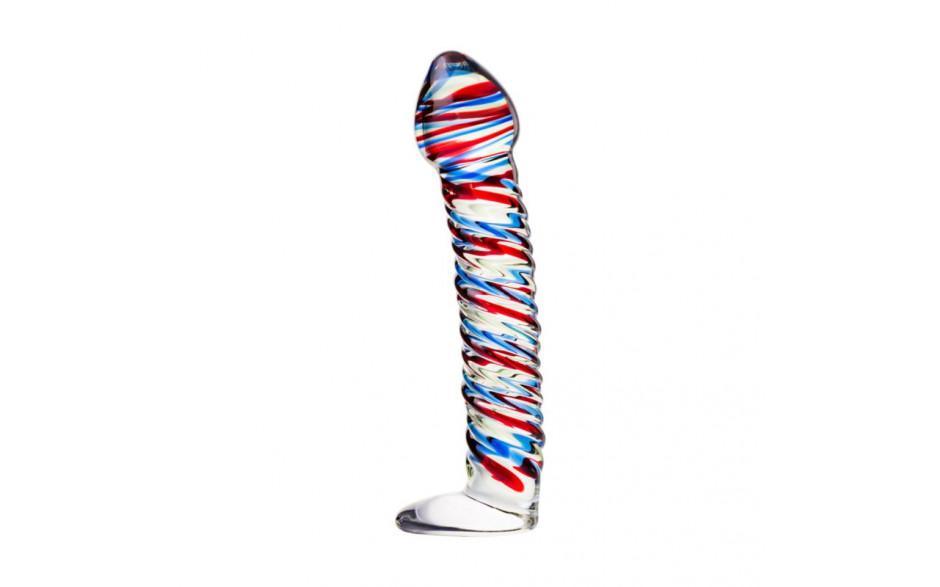 Sexus Glass Dildo Stripes w Base Blue/Red 16cm - Adult Toys