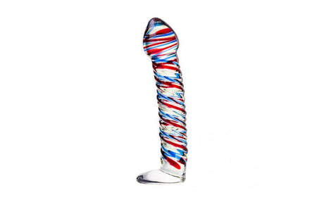 Sexus Glass Dildo Stripes w Base Blue/Red 16cm - Adult Toys