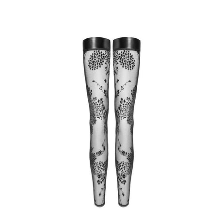 Tulle Stockings w Patterned Flock Embroidery & Power Wetlook Band - Naughty by Nature Adult Store