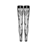 Tulle Stockings w Patterned Flock Embroidery & Power Wetlook Band - Lingerie
