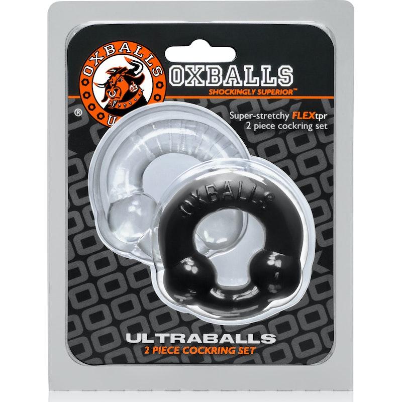 Ultraballs 2 Pk Cockring Black And Clear - Adult Toys